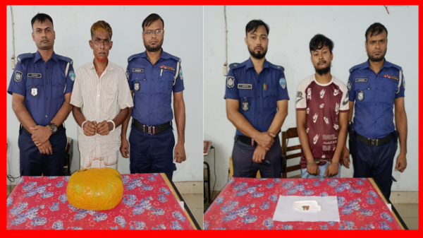 ব্রাহ্মণবাড়িয়ার কসবা উপজেলায় পৃথক দুইটি মাদকবিরোধী অভিযানে ২০ পিস ইয়াবা ট্যাবলেট ও ২ কেজি গাঁজা উদ্ধার করেছে পুলিশ। এসময় দুইজনকে গ্রেফতার করা হয়েছে। ব্রাহ্মণবাড়িয়া জেলার সুযোগ্য পুলিশ সুপার জনাব এহতেশামুল হক মহোদয়ের নির্দেশনা, সহকারী পুলিশ সুপার মোঃ আতিকুর রহমান (কসবা সার্কেল) এর তত্ত্বাবধান এবং কসবা থানা অফিসার ইনচার্জ মোহাম্মদ আব্দুল কাদেরের সার্বিক দিকনির্দেশনায় রবিবার (২১ সেপ্টেম্বর) রাত সাড়ে দশটার দিকে এসআই মোহাম্মদ ফারুক হোসেন সঙ্গীয় ফোর্সসহ কসবা পৌরসভার আড়াইবাড়ী মাদ্রাসার পূর্ব পাশে কসবা-সৈয়দাবাদ সড়কে অভিযান চালিয়ে ২০ পিস ইয়াবা ট্যাবলেট উদ্ধার করে। এসময় খারপাড়া গ্রামের মৃত দুলাল মিয়ার ছেলে শফিকুল ইসলামকে ঘটনাস্থল থেকে গ্রেফতার করা হয়। অন্যদিকে সোমবার (২২ সেপ্টেম্বর) ভোর ৭টা ৩৫ মিনিটে এসআই মনির আহমেদ সঙ্গীয় ফোর্সসহ কসবা পৌরসভার তালতলা চৌরস্তা ব্রিজ এলাকায় অভিযান চালিয়ে ২ কেজি গাঁজা উদ্ধার করে। এ ঘটনায় গুরুহিত গ্রামের মৃত ফুল মিয়ার ছেলে মোঃ ফুরকান মিয়া কে গ্রেফতার করা হয়। একই মামলার আরও এক আসামী হিরন মিয়া পলাতক রয়েছে। এবিষয়ে ওসি মোহাম্মদ আব্দুল কাদের জানান, “মাদক নির্মূলে কসবা থানা পুলিশ নিয়মিত অভিযান পরিচালনা করছে। আটক দুইজনের বিরুদ্ধে আইনগত ব্যবস্থা গ্রহণ করে মামলা রুজু প্রক্রিয়াধীন রয়েছে।”